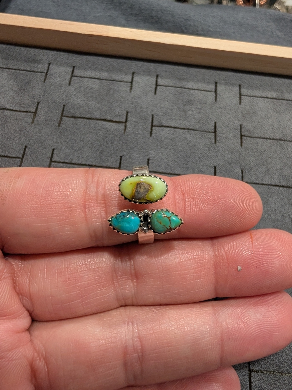 Sterling Silver Turquoise and Yellow Stone Double Teardrop Ring